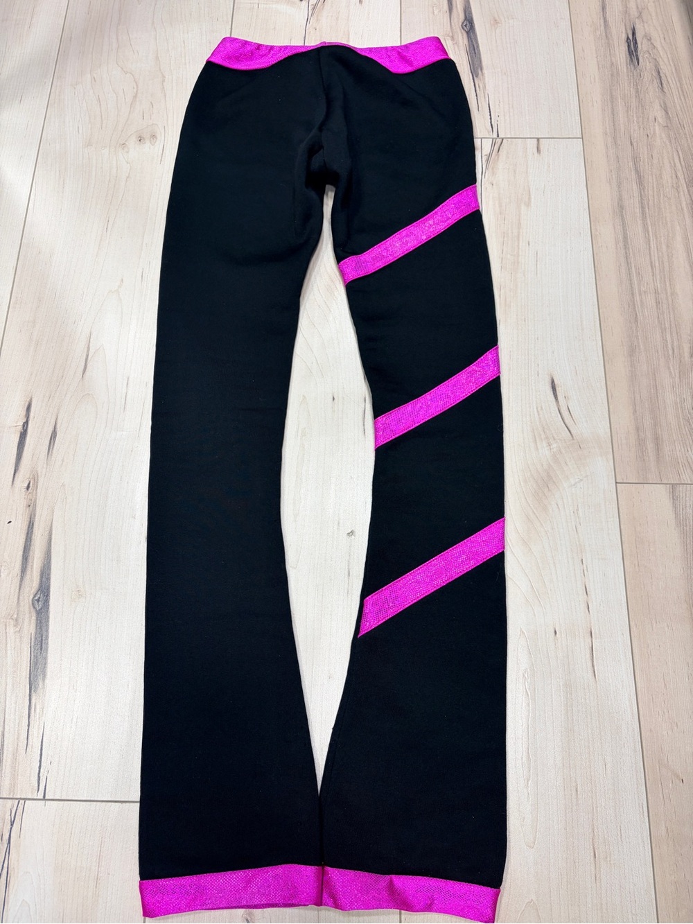 Girls Black Leggings with Bright Pink Accent Stripes for figure IceSkating